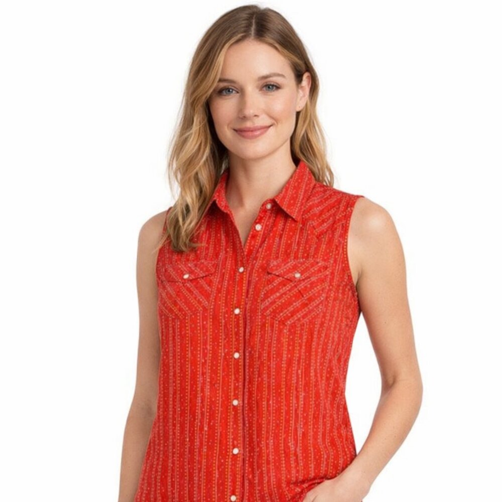 Wrangler Rancher Western Pearl Snap Sleeveless Shirt Red Striped Floral S